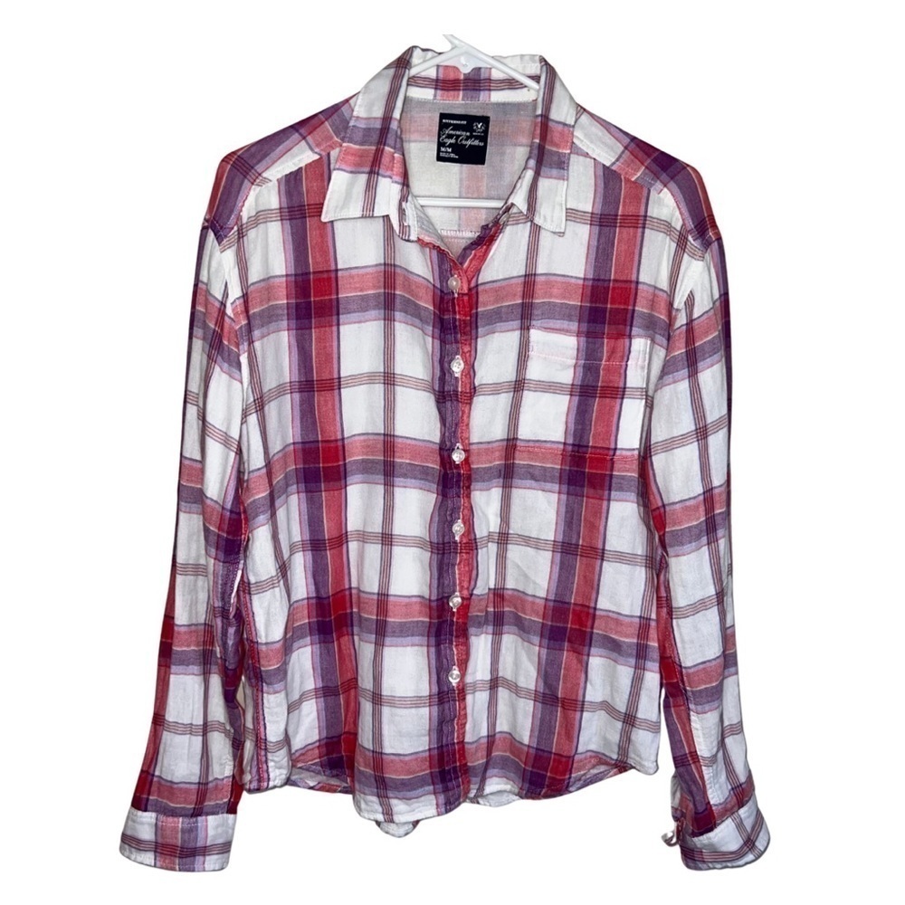 American Eagle Boyfriend Fit Pink and Purple Flannel Size Medium